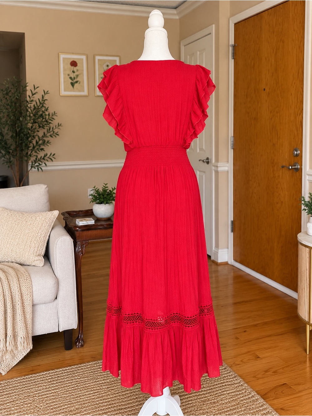 Red Ruffle Sleeve Maxi Dress